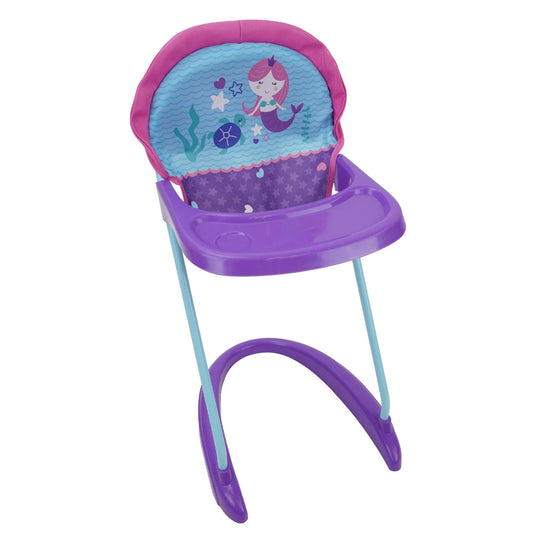 Purple and blue doll highchair with mermaid-themed canopy featuring a mermaid, starfish, turtle, and seaweed graphics