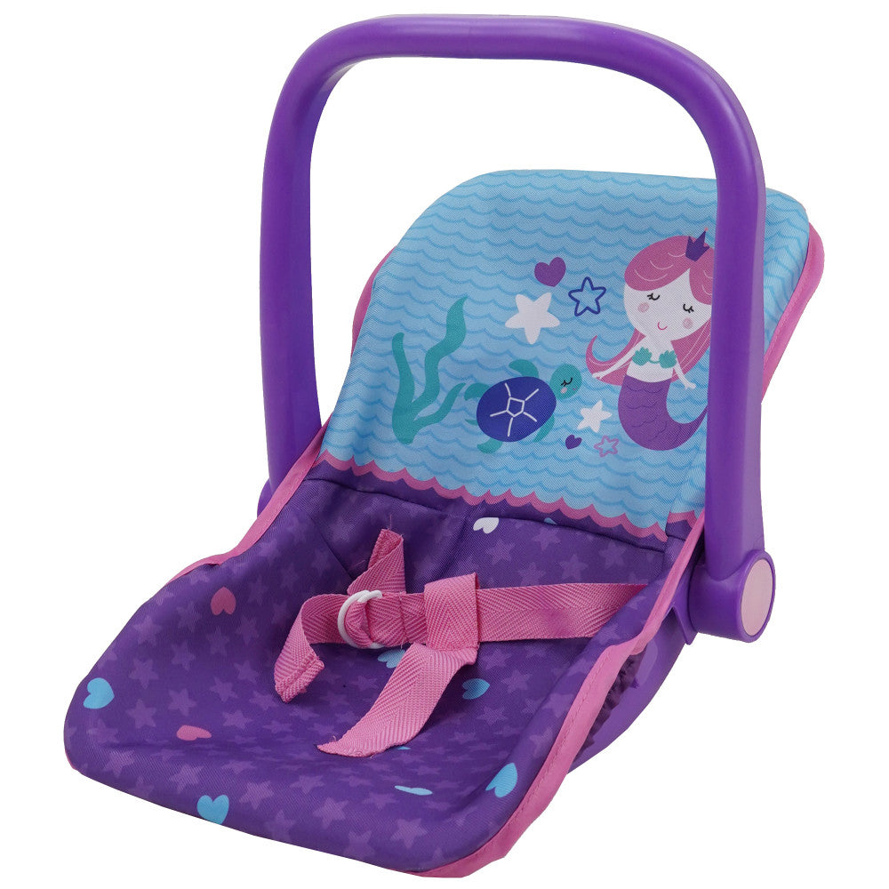 Purple doll car seat with mermaid theme, featuring blue wave canopy, mermaid illustration, pink safety straps, and wheels