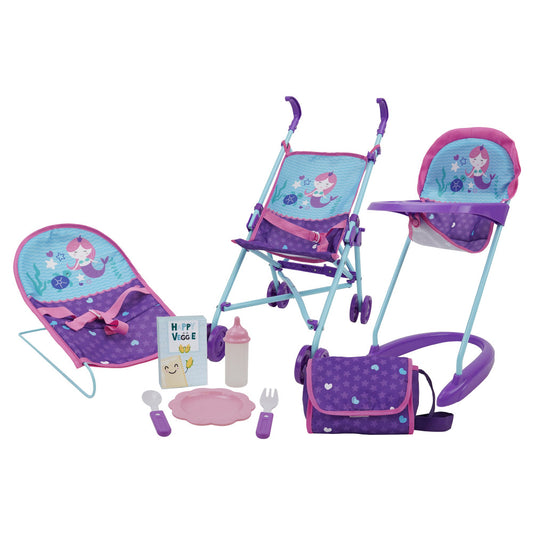 Mermaid Fantasy 9-piece doll care playset with purple and turquoise stroller, high chair, bouncer seat, and accessories including bottle, plate, utensils, and d