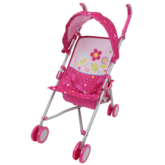 Hot pink doll stroller with silver frame, flower and garden print canopy, storage basket, and four wheels on plain background