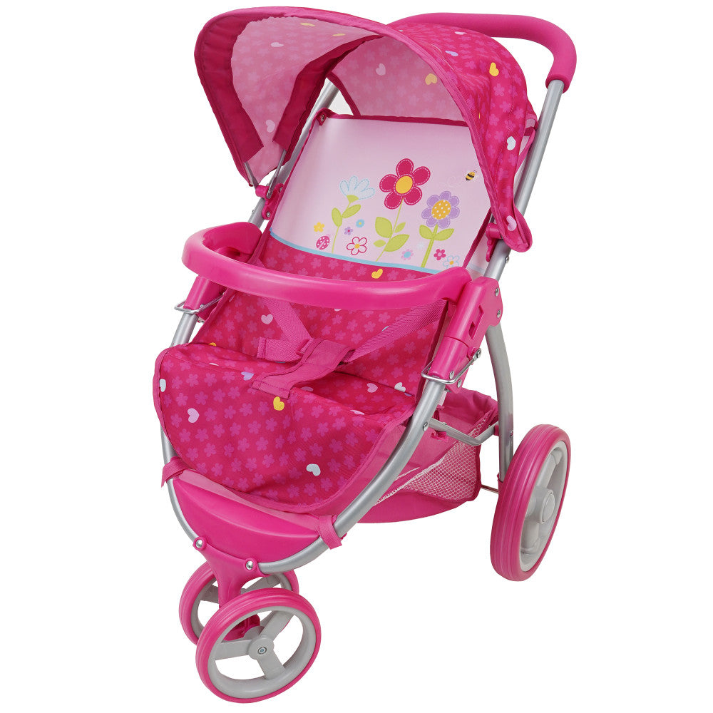Pink doll jogger stroller with flower design on canopy, polka dot fabric, silver frame, and three wheels