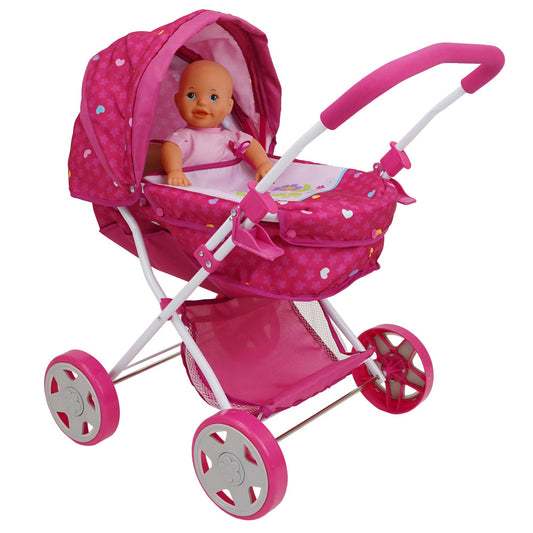 Bright pink doll pram with heart and dot pattern, white handles, and matching wheels, holding a baby doll in pink outfit