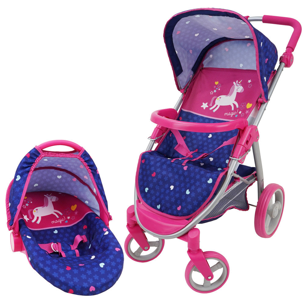 Pink and blue unicorn-themed 2-in-1 doll stroller and car seat playset with matching canopy and carry handle