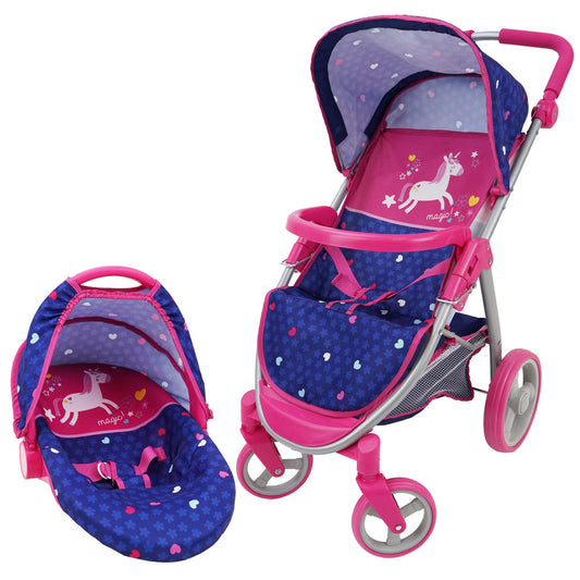 Pink and blue unicorn-themed 2-in-1 doll stroller and car seat playset with matching canopy and carry handle