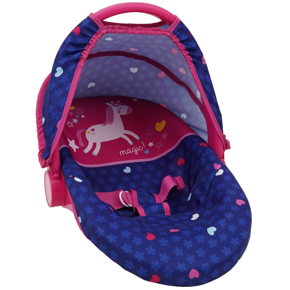 Pink and navy unicorn-themed doll car seat with heart details, canopy shade, and safety harness straps