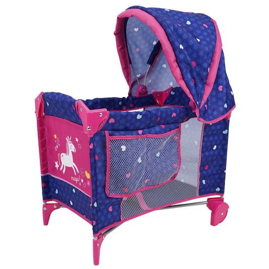 Blue doll play yard with pink accents, heart and star print, mesh sides, adjustable canopy, and unicorn graphic on front panel