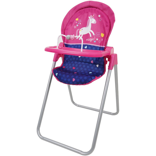 Pink doll highchair with unicorn design on backrest, navy seat with heart pattern, silver metal frame, and attached toy bar