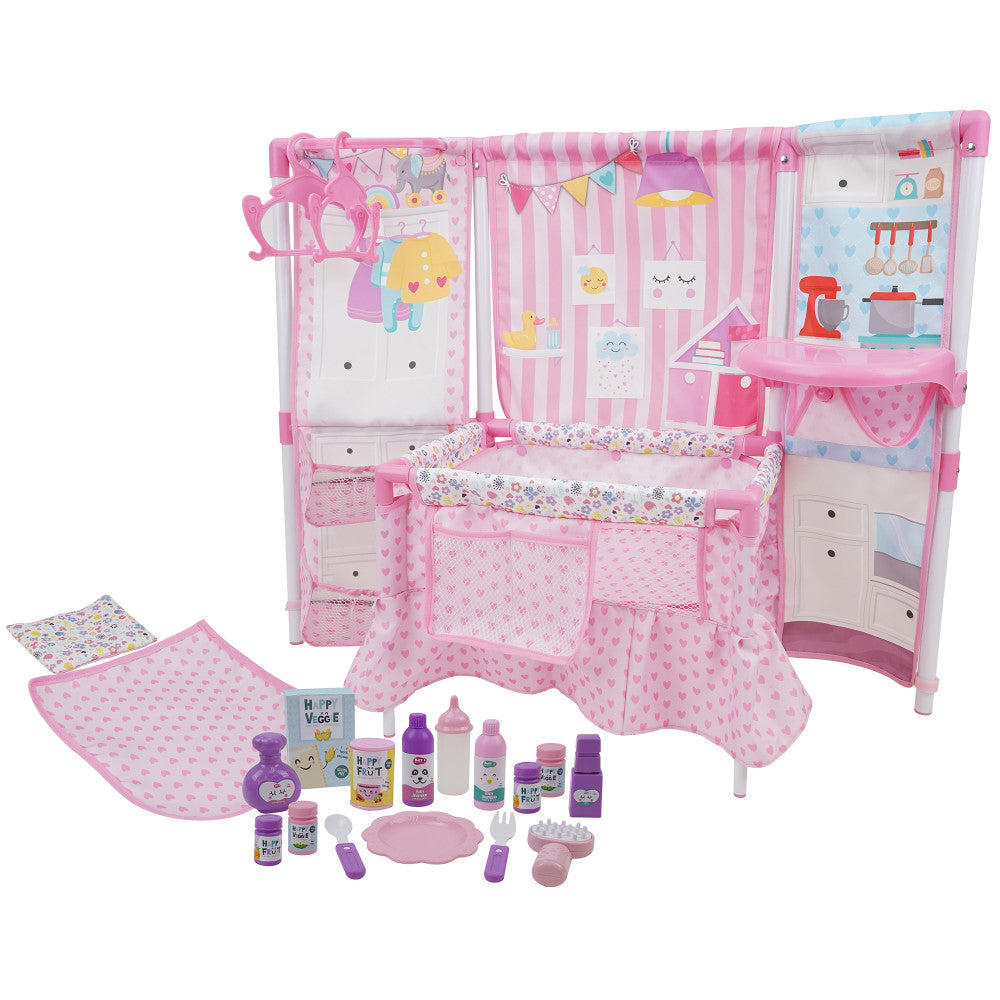 Pink doll nursery playset with crib, dresser, kitchen, mirror, bedding, and accessories including bottles, food items, and grooming tools