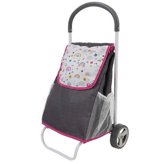 Gray and pink shopping cart with rainbow and star pattern on fabric flap, mesh side pockets, black handles, and wheels