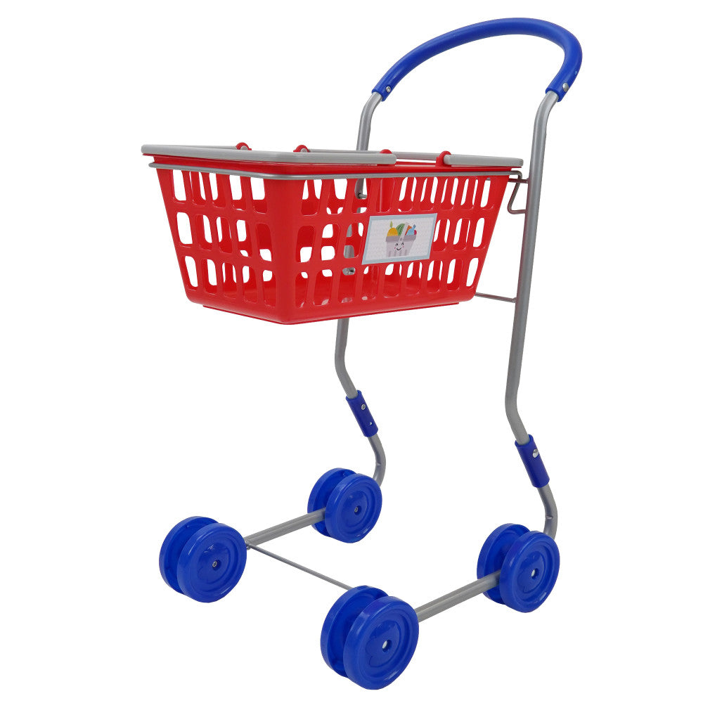 Red and blue toy shopping cart with perforated basket, gray metal frame, blue wheels, and blue push handle