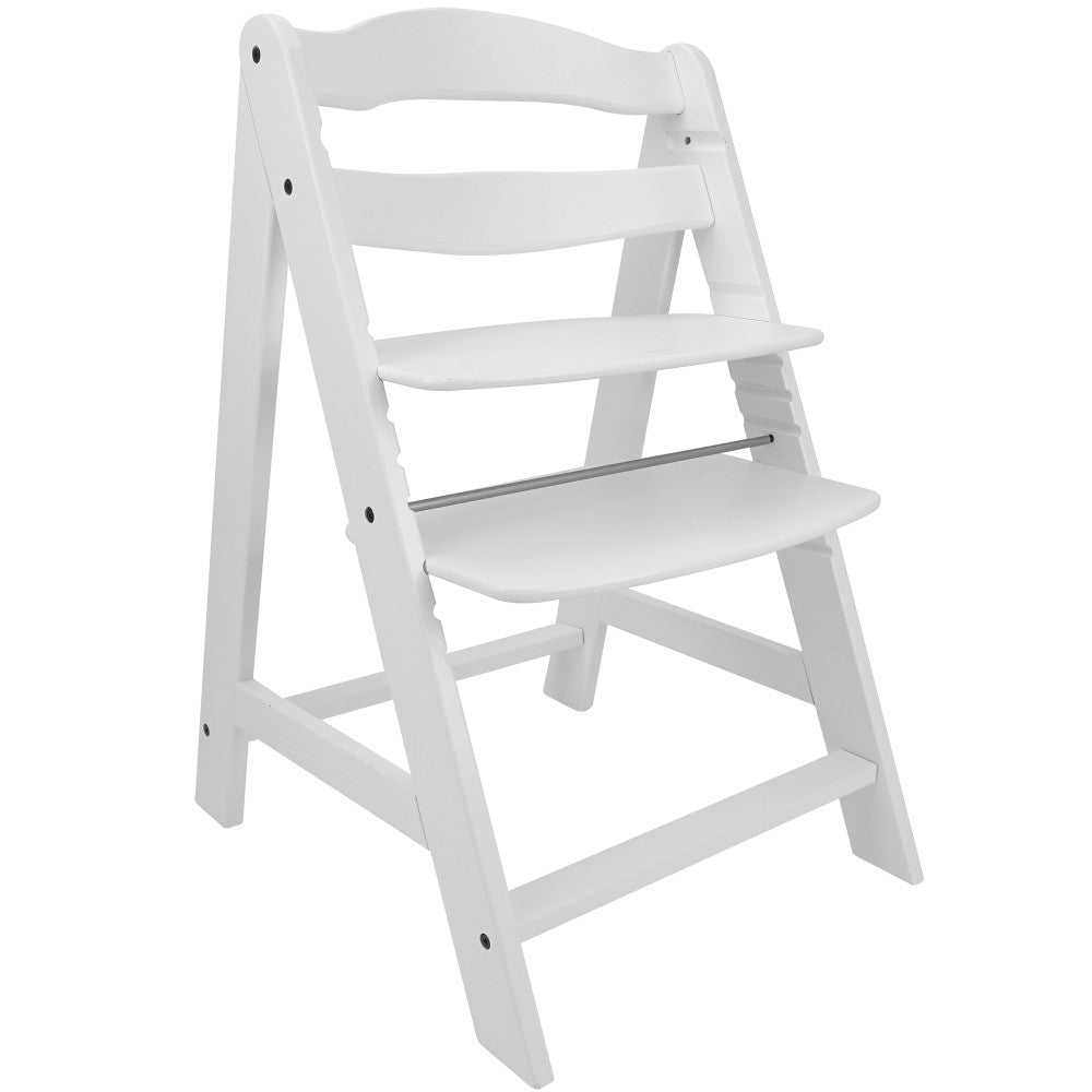 White wooden adjustable chair with multiple seat height positions and metal safety rail, front view on plain background