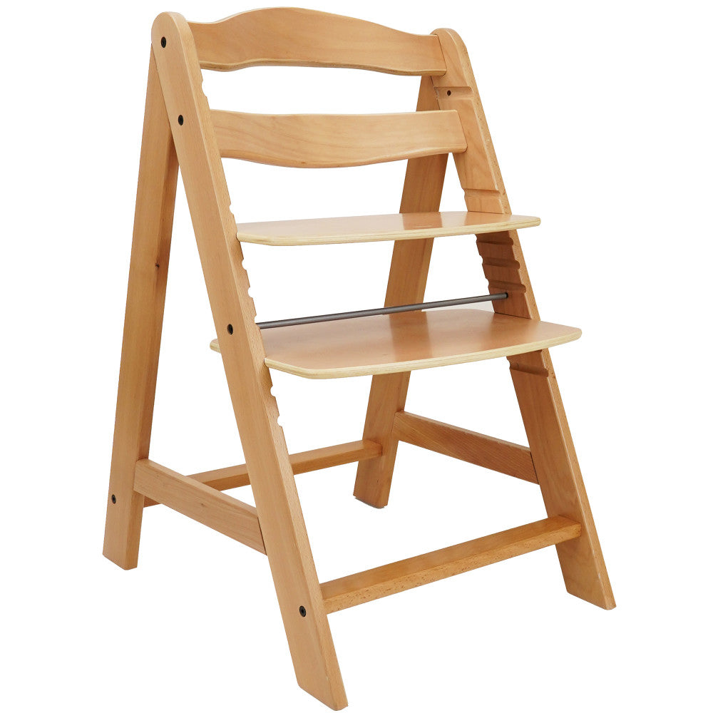 Natural beechwood adjustable high chair with angled wooden frame, multiple curved seat levels, and metal safety bar