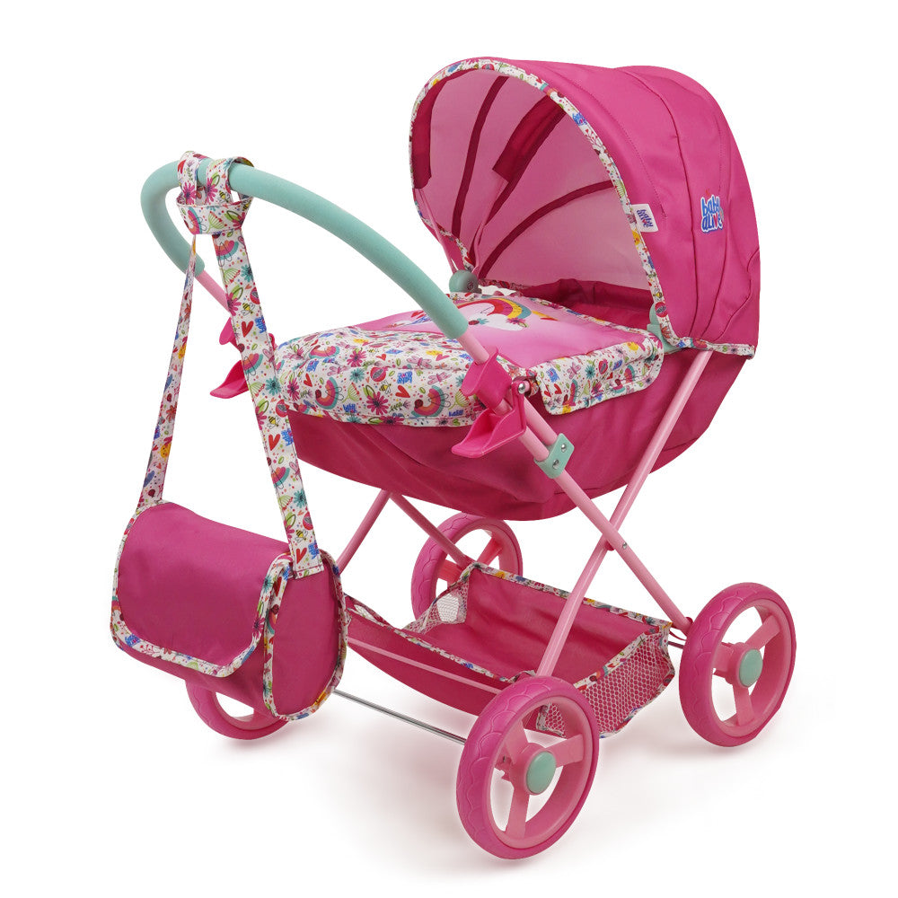 Pink doll pram with floral-print canopy and seat, matching shoulder bag, mint-green handle, and pink wheels