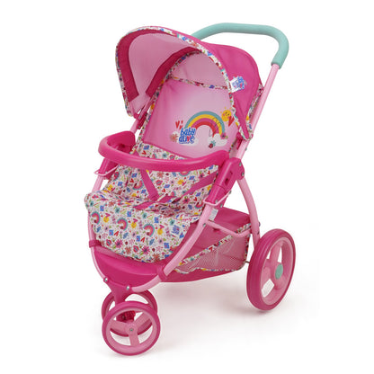 Pink Baby Alive jogging stroller with rainbow and colorful floral print, featuring turquoise handle, pink wheels, and storage basket