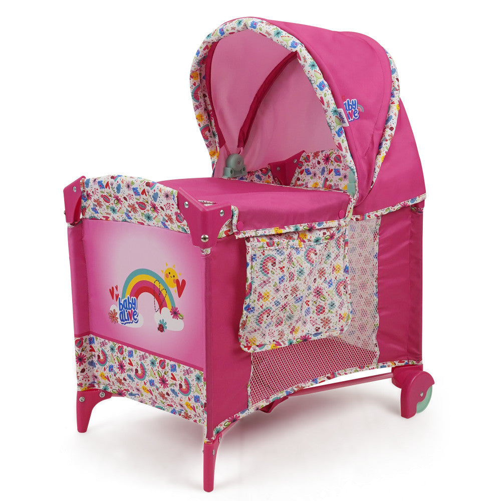 Pink doll play yard with colorful floral trim, canopy hood, mesh storage pockets, and wheels