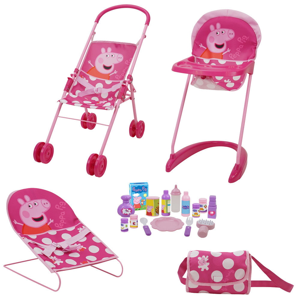 Peppa Pig doll playset with pink stroller, high chair, bouncer seat, accessories including bottles and feeding items, and matching diaper bag