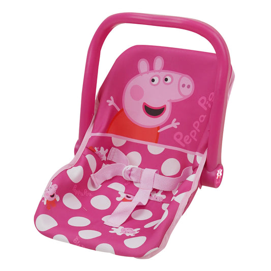 Peppa Pig baby doll car seat playset with pink fabric, white polka dots, Peppa character design, carrying handle, and pink safety harness