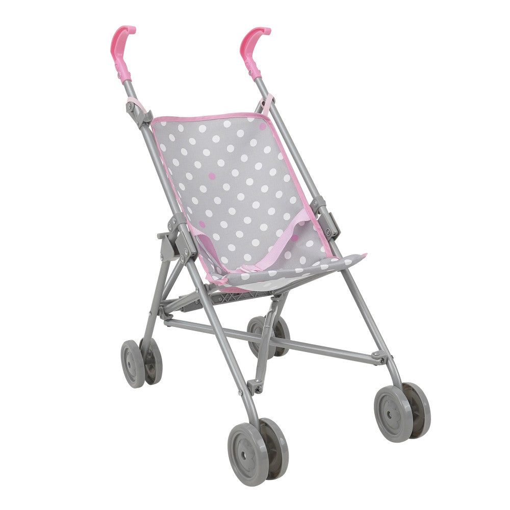 Gray and pink doll stroller with white polka dot fabric, pink handles, and four gray wheels on plain background