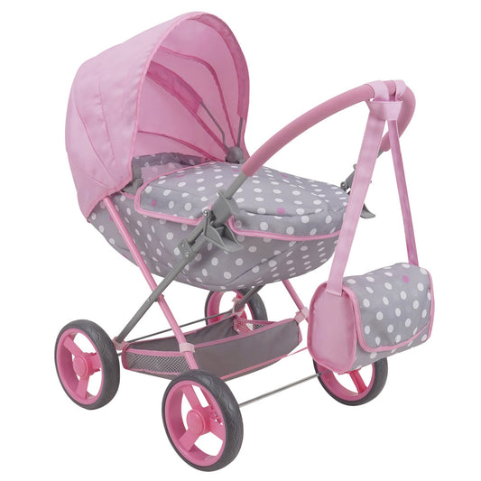 509 Crew Cotton Candy Pink Deluxe Doll Pram with grey polka dot carriage and matching bag