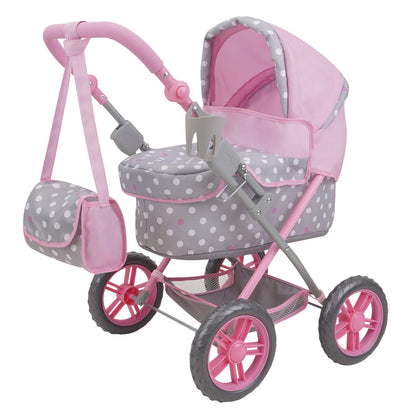 Pink and gray polka dot doll pram with matching diaper bag, pink handle, and hot pink wheels