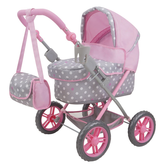 Pink and gray polka dot doll pram with matching diaper bag, pink handle, and hot pink wheels