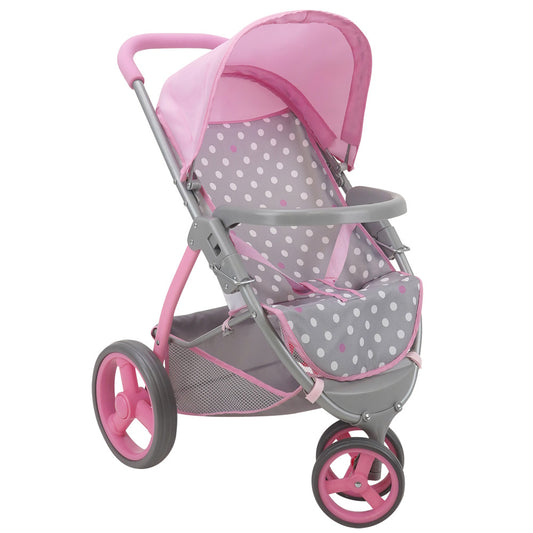 Pink and gray doll jogger stroller with polka dot design, gray frame, pink handle and wheels, on plain background