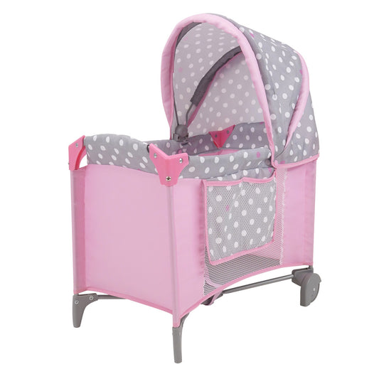 Pink doll play yard with gray and white polka dot canopy, mesh side panel, and gray legs on wheels