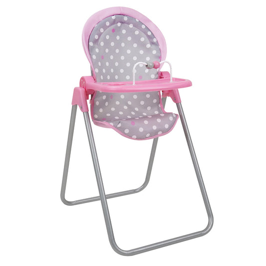 Pink doll highchair with gray polka dot fabric seat, pink tray, and gray metal folding legs