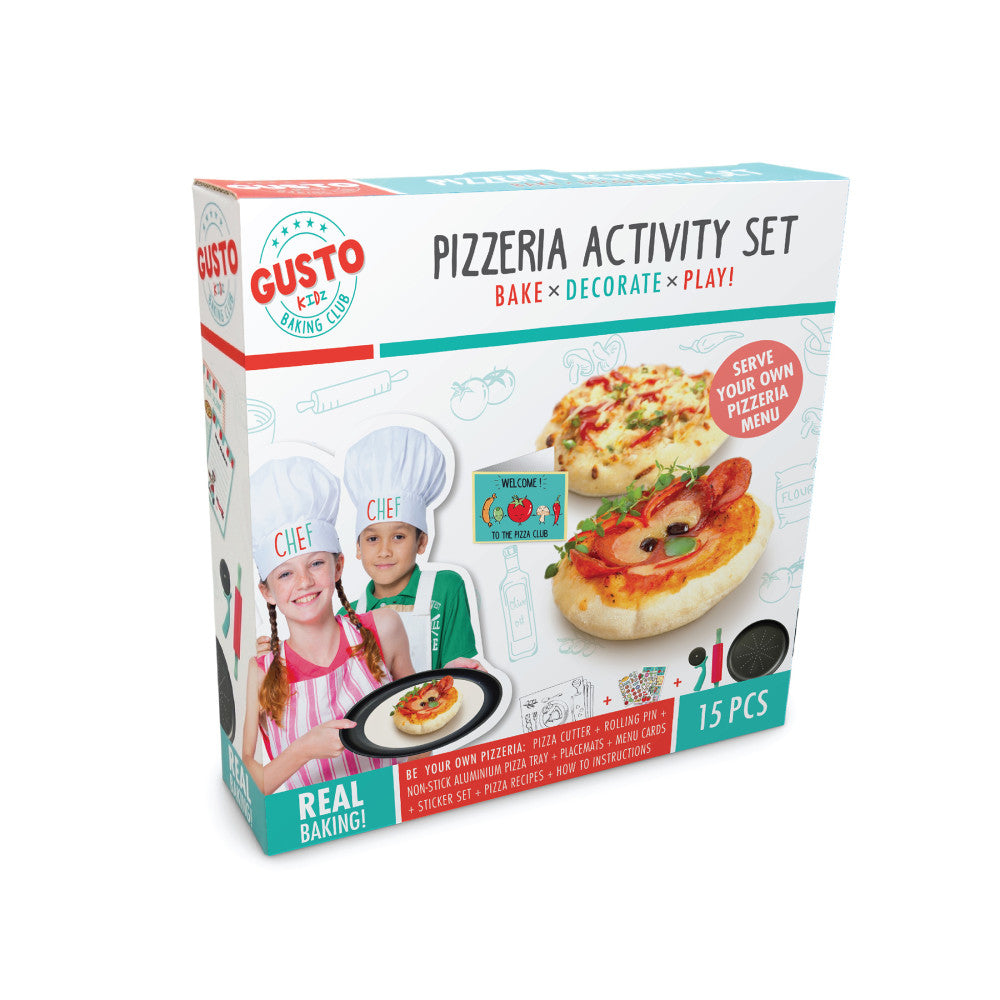 Gusto Pizzeria Activity Set box showing two children wearing chef hats, with baked pizzas displayed and 15 pieces included for real baking and decorating