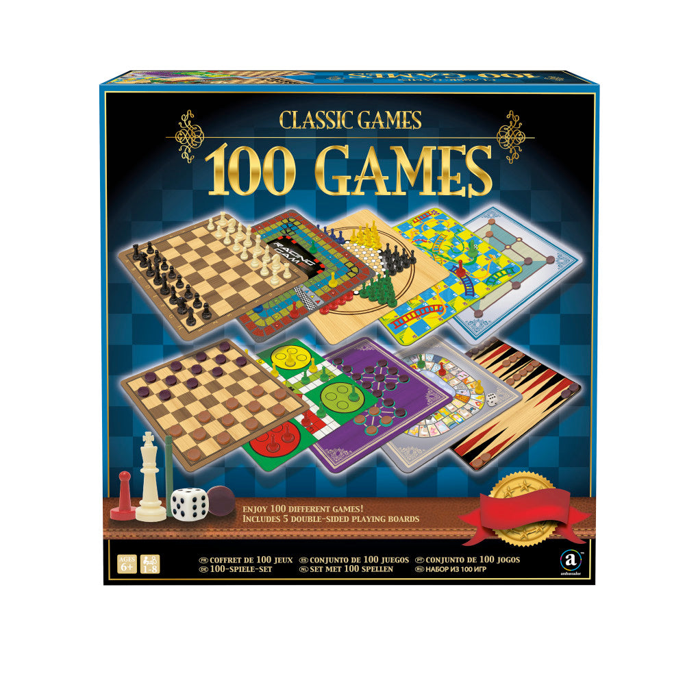 Classic Games 100 Games board game collection box showing multiple game boards including chess, checkers, and colorful strategy games with dice and game pieces