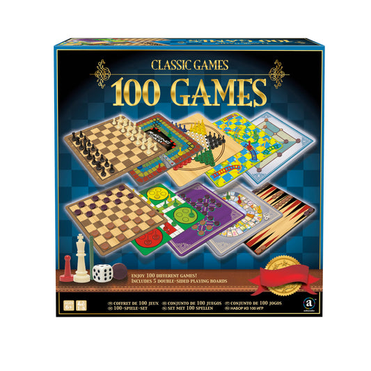 Classic Games 100 Games board game collection box showing multiple game boards including chess, checkers, and colorful strategy games with dice and game pieces