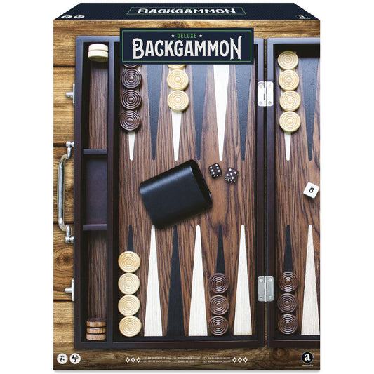 Deluxe wood backgammon set with wooden board, tan and brown checkers, black dice cup, and dice displayed on packaging