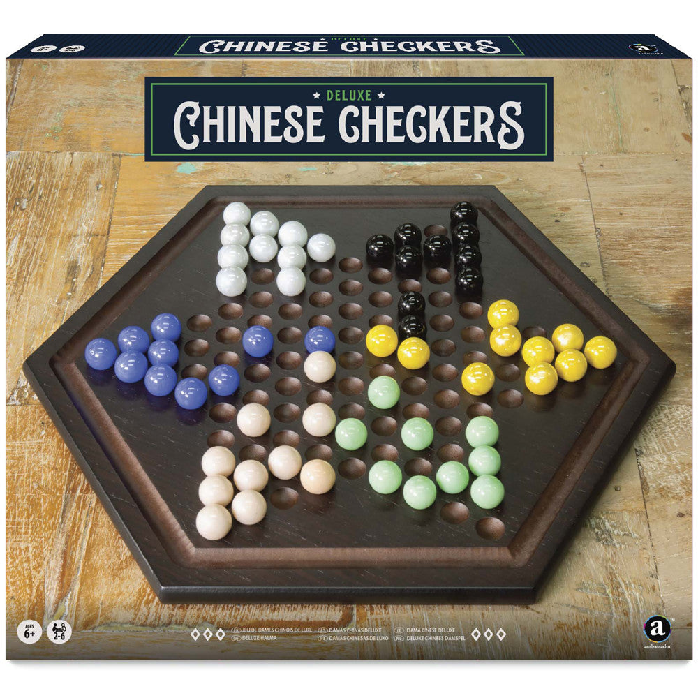 Deluxe Chinese Checkers game set with hexagonal wooden board and colored marble pieces in blue, yellow, green, white, and beige arranged on black playing surfac