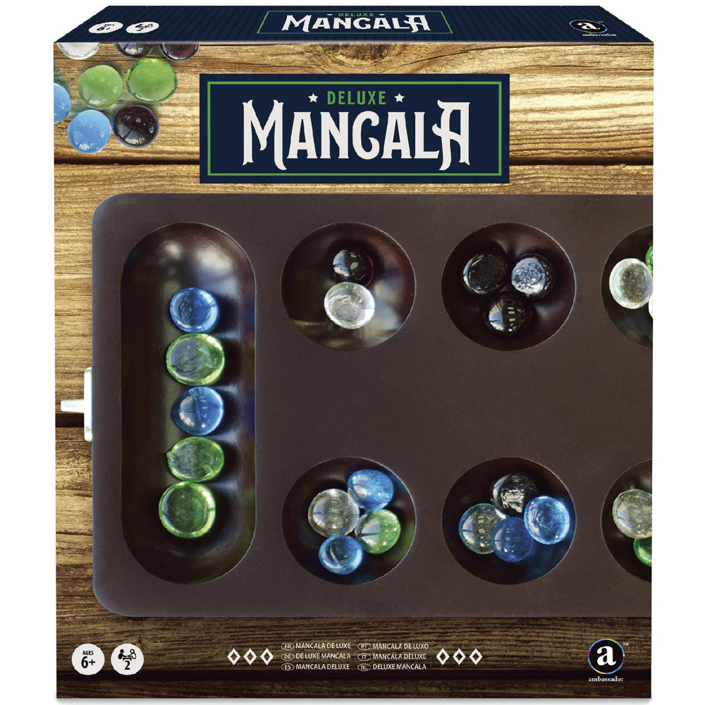 Deluxe Mancala game set with wooden board, brown playing cups, and blue and green glass marbles displayed in various cup positions