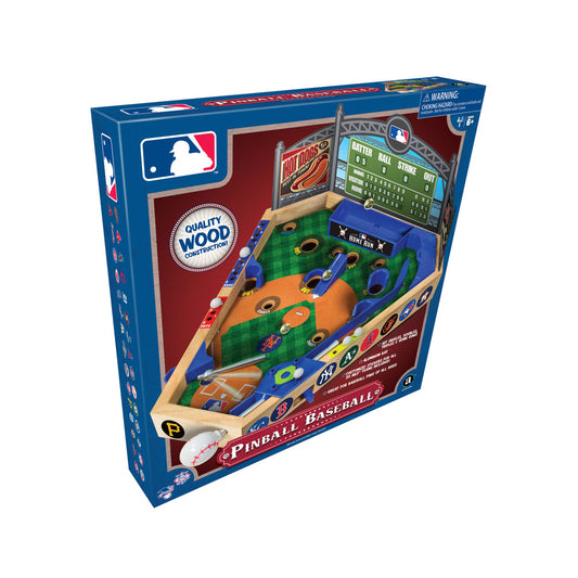 MLB Wooden Pinball Baseball Game with blue wood frame, green and orange playing surface, scoreboard display, and ball launcher