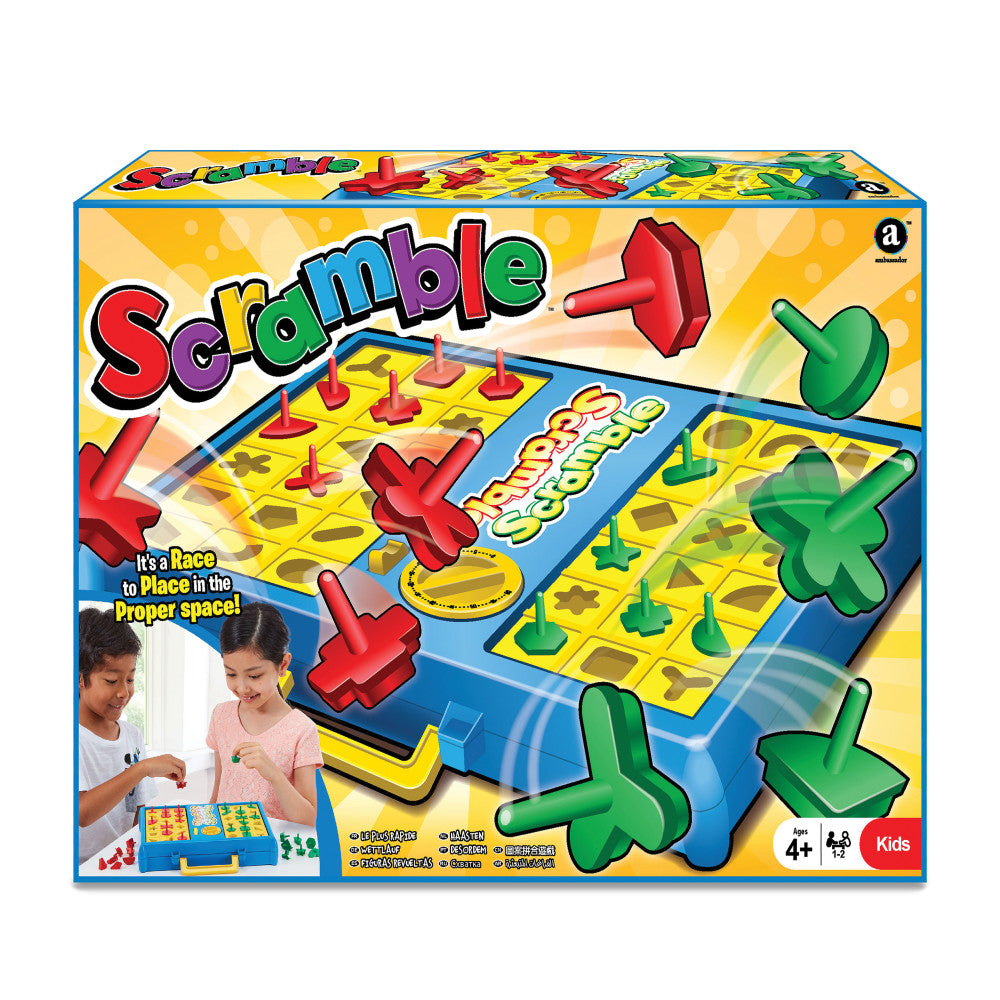 Scramble board game with yellow and blue game board, red and green plastic game pieces shaped like symbols, modeled by two children playing together