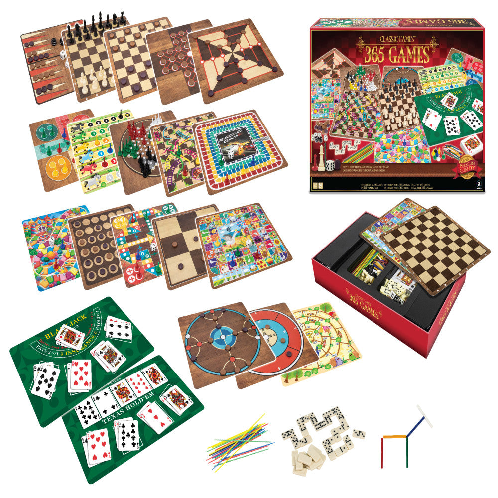 365 Board Games Collection showing game boards and pieces including chess, checkers, playing cards, dominoes, dice, and colorful themed game boards arranged in