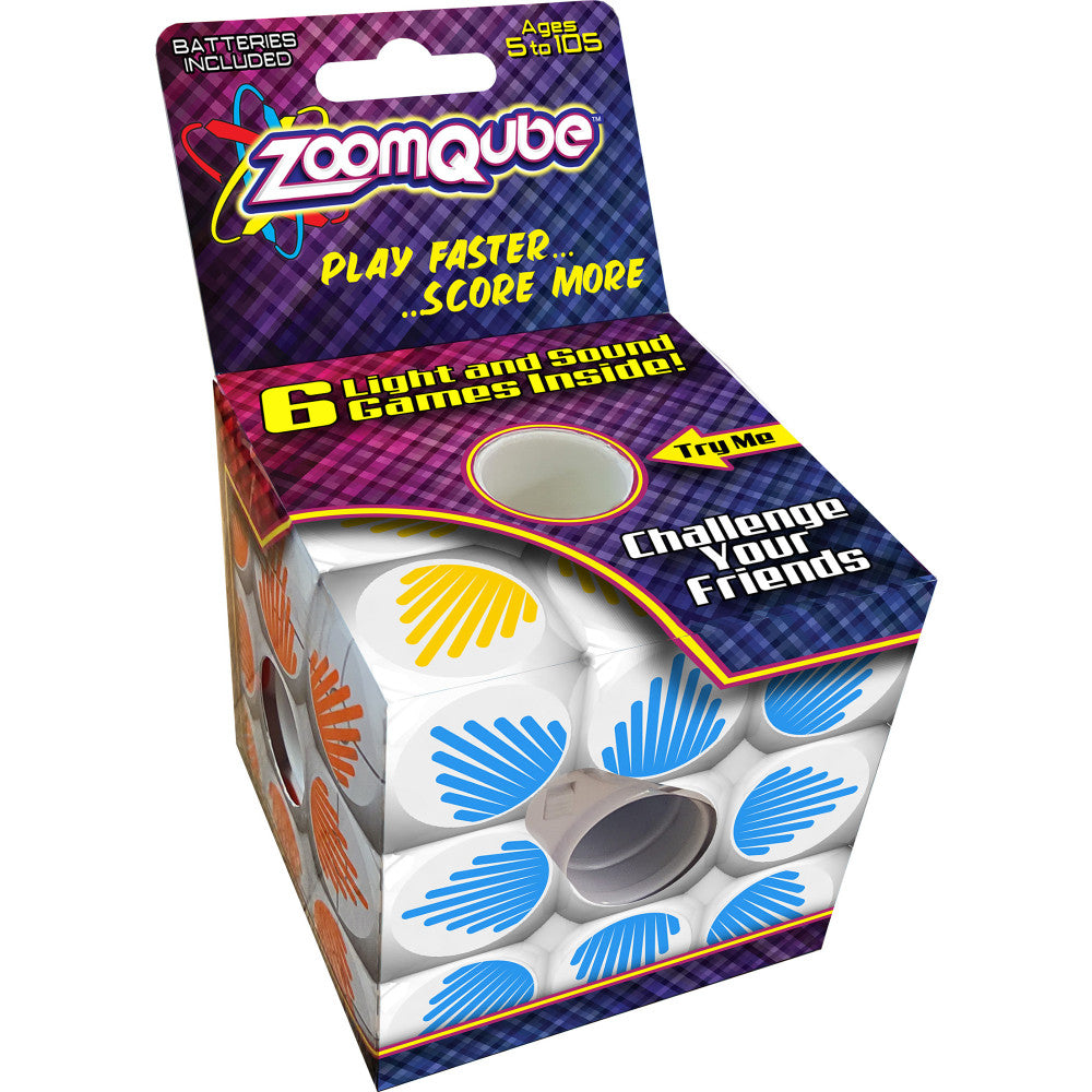ZoomQube interactive game cube packaging showing white cube with blue and yellow wing designs, purple plaid box with tagline 'Play Faster...Score More' for ages