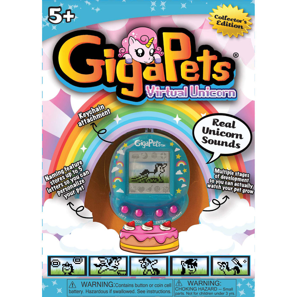 GigaPets Virtual Unicorn Collector's Edition packaging with turquoise handheld device, pink unicorn character, rainbow design, and keychain attachment, ages 5+