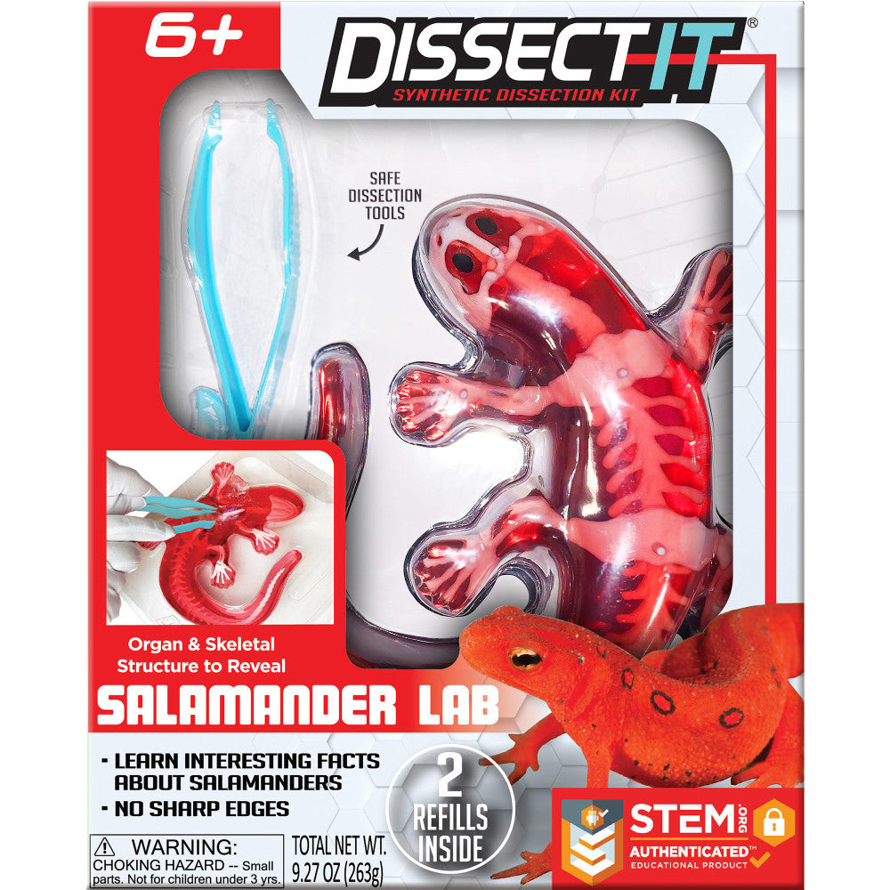 Dissect-It Salamander synthetic dissection kit with blue tweezers, red gel-filled salamander model showing internal organs, and refill packs included