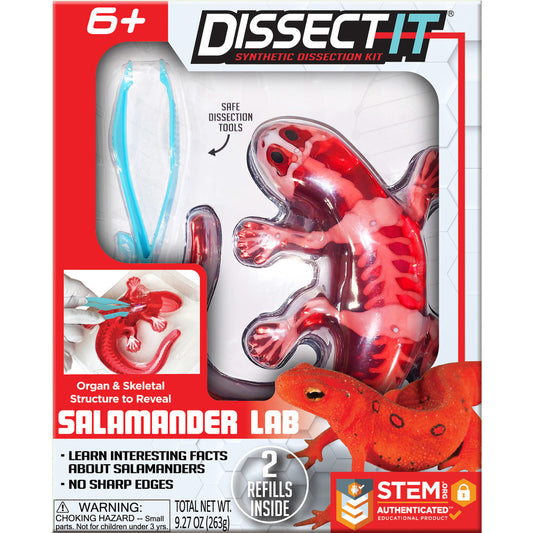 Dissect-It Salamander synthetic dissection kit with blue tweezers, red gel-filled salamander model showing internal organs, and refill packs included