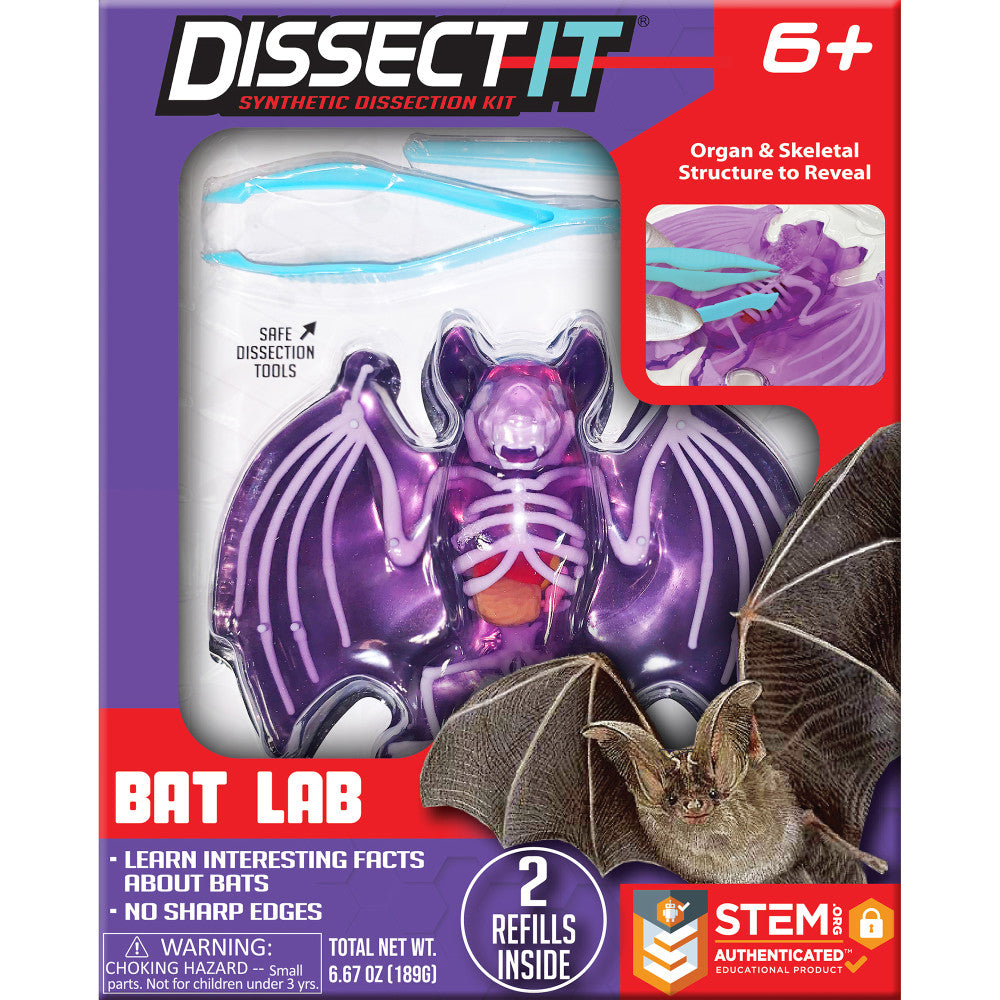 Dissect-It Bat Lab synthetic dissection kit packaging showing purple bat figure with removable organs and skeletal structure, includes safe dissection tools and