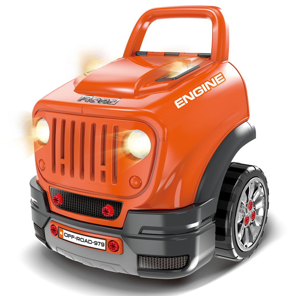 Orange toy off-road vehicle with working headlights, detailed grille, and removable engine parts for interactive play