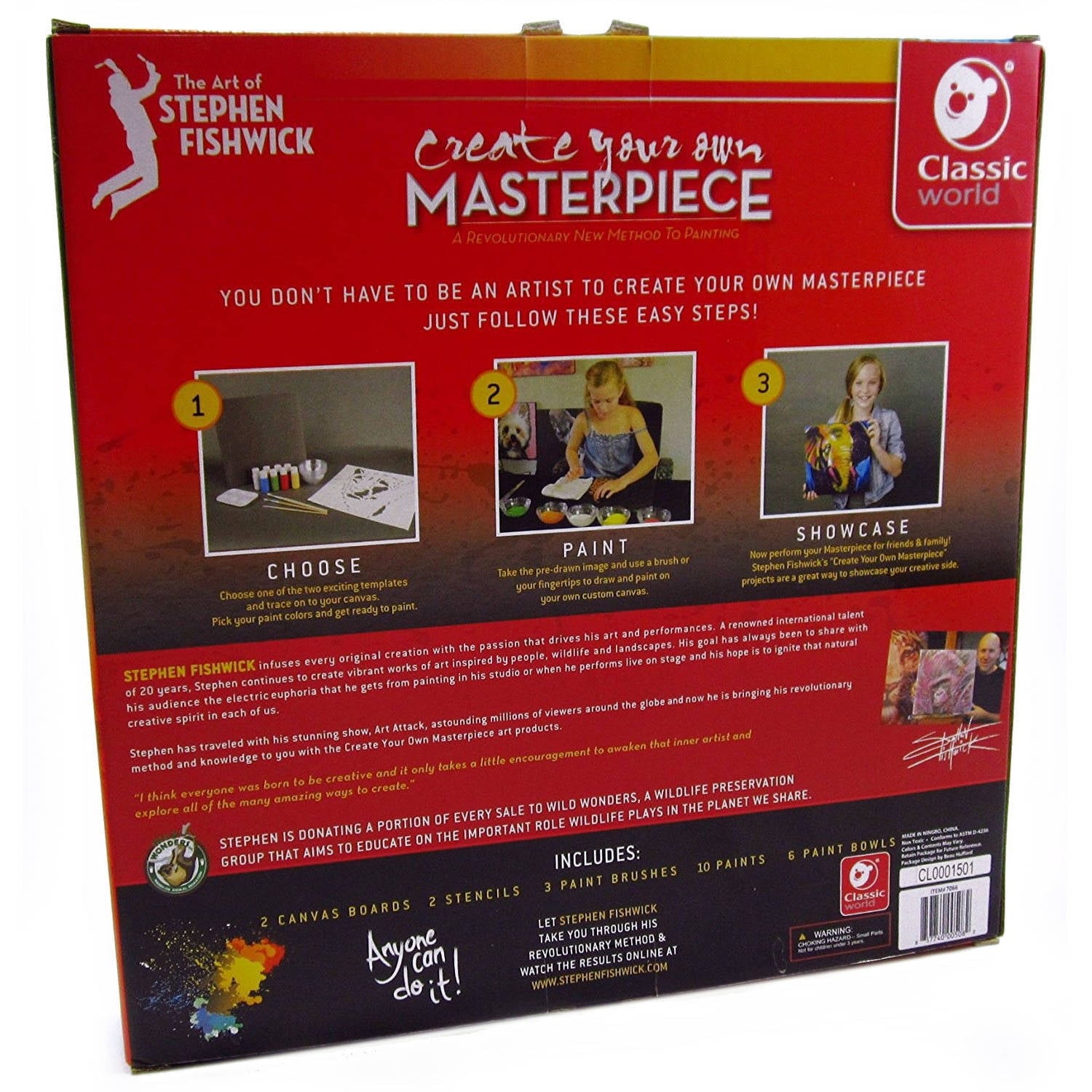 Create Your Own Masterpiece art kit box by Stephen Fishwick showing three steps: choose templates, paint with brushes, and showcase finished artwork. Includes 2