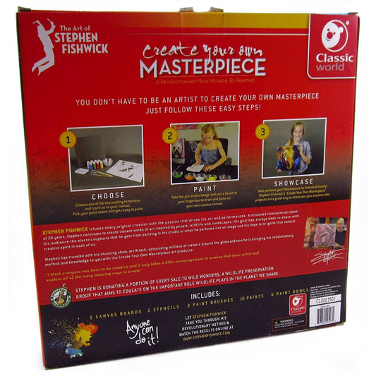 Create Your Own Masterpiece art kit box by Stephen Fishwick showing three steps: choose templates, paint with brushes, and showcase finished artwork. Includes 2