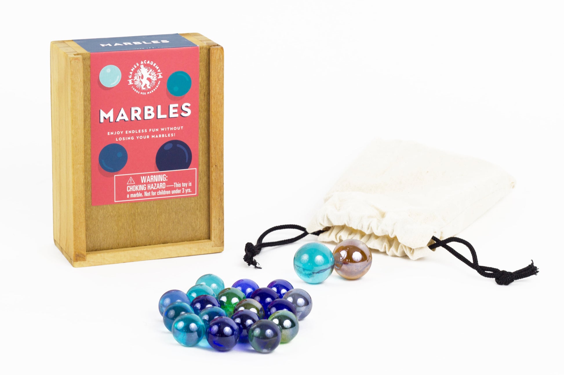 Professor Puzzle Marbles Game Set with wooden storage box, colorful glass marbles in blue, teal, and purple, and two drawstring pouches
