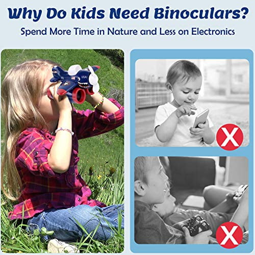 Why Do Kids Need Binoculars? Spend More Time in Nature and Less on Electronics. Left: child on model using red and blue binoculars outdoors. Right: two photos w
