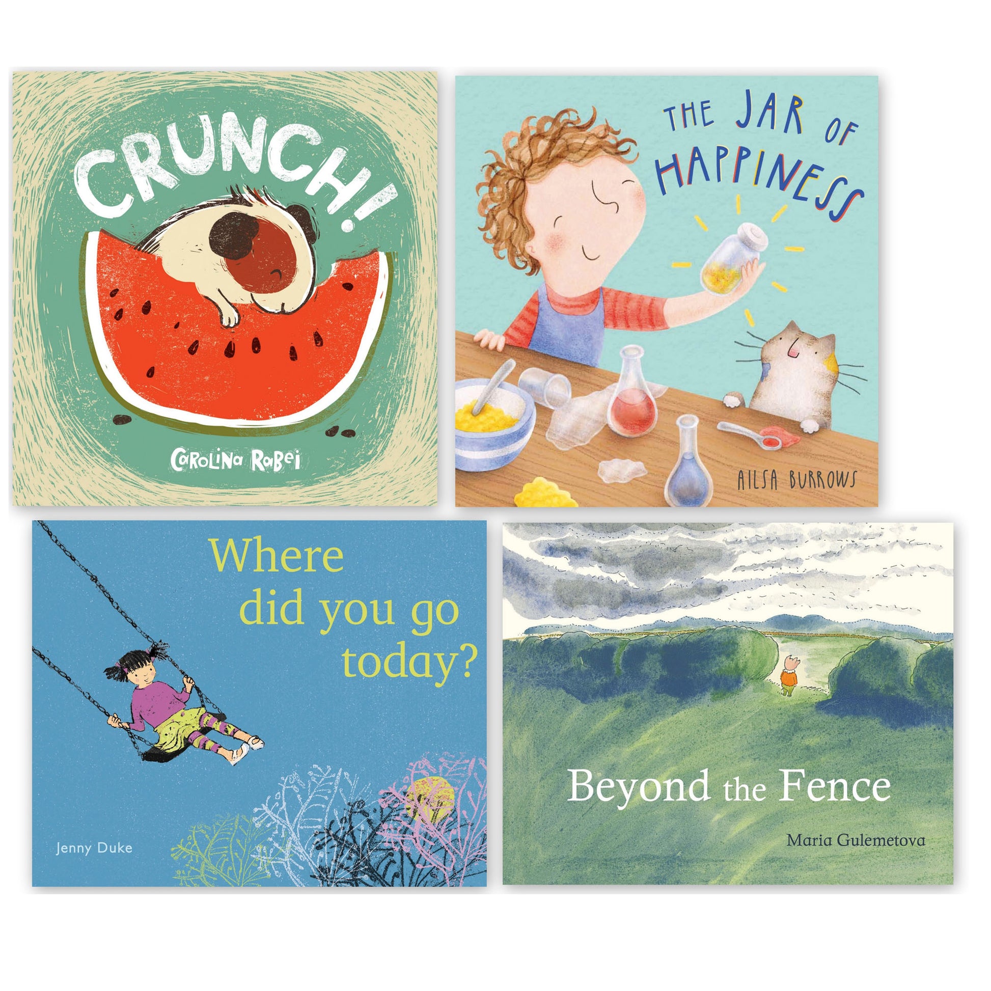 Four children's picture book covers displayed in a grid: 'Crunch!' by Carolina Rabei featuring a dog on watermelon, 'The Jar of Happiness' by Ailsa Burrows show