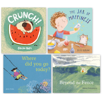 Four children's picture book covers displayed in a grid: 'Crunch!' by Carolina Rabei featuring a dog on watermelon, 'The Jar of Happiness' by Ailsa Burrows show