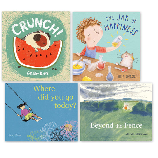 Four children's picture book covers displayed in a grid: 'Crunch!' by Carolina Rabei featuring a dog on watermelon, 'The Jar of Happiness' by Ailsa Burrows show